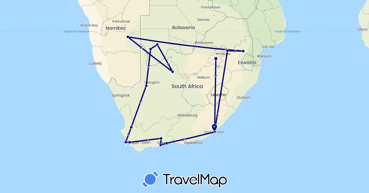 TravelMap itinerary: driving in Botswana, Namibia, South Africa (Africa)